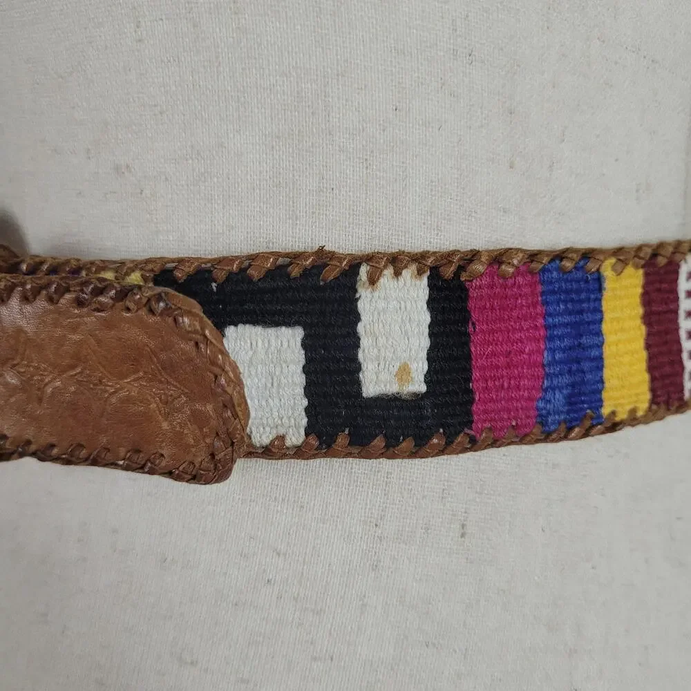 Brown Leather Belt Med Braided Woven Multicolor Stripe Artisan Ethnic Whipstitch